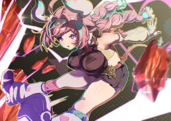 1girl absurdres ahoge animal_ears braid breasts bright_pupils cow_ears cow_horns cow_tail debris detached_sleeves fingerless_gloves genshin_impact gloves hairband highres horns large_breasts leg_warmers long_hair midriff miniskirt ningmeng_fengmi pink_hair purple_eyes single_thighhigh skirt tail thighhighs twin_braids varesa_(genshin_impact) white_leg_warmers white_pupils