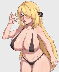 1girl arm_at_side bikini black_bikini blonde_hair blush breasts collarbone cowboy_shot cynthia_(pokemon) eyebrows eyelashes fellatio_gesture female_focus grey_background grey_eyes hair_over_one_eye hand_up highres huge_breasts long_hair looking_at_viewer nintendo open_mouth pokemon pokemon_dppt shinom0079 simple_background solo standing swimsuit teeth thighs tongue tongue_out upper_teeth_only wide_hips