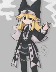 1girl absurdres animal_ear_headwear bad_id bad_twitter_id between_fingers black_eyes black_hat black_jacket blonde_hair bright_pupils cigarette commentary cowboy_shot english_commentary fake_animal_ears funamusea grey_background grin hair_between_eyes hat highres holding holding_cigarette iesonatana jacket long_hair long_sleeves looking_at_another looking_at_viewer moge-ko mogeko_(species) mogeko_castle sharp_teeth simple_background smile smoke solo standing teeth white_pupils