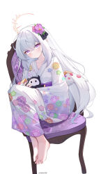 1girl absurdres alternate_costume azusa_(blue_archive) barefoot blue_archive chair collarbone commentary crossed_bangs floral_print floral_print_kimono flower full_body hair_flower hair_ornament halo highres holding holding_stuffed_toy japanese_clothes kimono light_smile long_hair looking_at_viewer low_wings on_chair print_kimono purple_eyes purple_sash sash sideways_sitting_pose_(han-0v0) simple_background sitting solo stuffed_toy toes very_long_hair white_background white_hair white_kimono white_wings wings yellow_halo yu_fu_miko