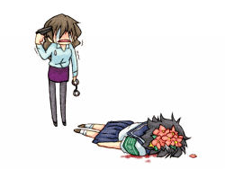 2girls armband bad_end blood cover cuffs death flower green_armband gun gun_to_head hair_flower hair_ornament handcuffs handgun holding holding_gun holding_weapon judgment_(toaru) kiyama_harumi multiple_girls murder pantyhose pencil_skirt piku sakugawa_school_uniform school_uniform skirt suicide t_t tears toaru_kagaku_no_railgun toaru_majutsu_no_index uiharu_kazari weapon white_background