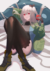1girl absurdres ahoge aoi_tooru apple arknights arm_behind_head arm_up bitten_apple black_bow black_gloves black_shirt black_thighhighs boots bow breasts chain chain_necklace collared_shirt commentary_request crossed_legs double-parted_bangs expressionless eyelashes food food_bite foreshortening fruit full_body gloves green_jacket grey_hair grey_shorts hair_between_eyes hair_bow hair_flowing_over hair_spread_out hand_up high_collar high_ponytail high_side_ponytail highres holding holding_food holding_fruit invisible_floor jacket jewelry knees_up lapels legs lips long_hair long_sleeves looking_at_viewer lying medium_breasts necklace notched_lapels official_alternate_costume on_back open_clothes open_jacket pale_skin parted_lips ponytail puffy_long_sleeves puffy_sleeves red_eyes resting shadow shirt shoelaces short_shorts shorts side_ponytail simple_background skadi_(arknights) skadi_(the_next_afternoon_tea)_(arknights) sleeve_cuffs solo straight_hair teeth thighhighs thighs turtleneck turtleneck_shirt very_long_hair white_background yellow_boots