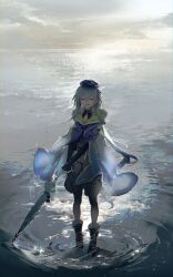 1boy :d absurdres arknights beret black_boots black_gloves black_pantyhose black_shorts blue_bow blue_hair blue_neckerchief boots bow cloak closed_eyes closed_umbrella cloud double-parted_bangs elbow_gloves facing_viewer full_body gloves hair_between_eyes hat highres hood hooded_cloak horizon id_card infection_monitor_(arknights) light_particles long_hair male_focus mizuki_(arknights) neckerchief ocean open_mouth outdoors pantyhose reflection reflective_water ripples seascape shorts smile solo standing standing_on_liquid sunlight teruterubouzu trap umbrella very_long_hair water xing_(gloryxing)