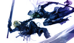Rule 34 | 2boys, armor, battle, black coat, black footwear, black gloves, black pants, blonde hair, blue eyes, buster sword, chest strap, cloud strife, coat, final fantasy, final fantasy vii, final fantasy vii advent children, fusion swords, gloves, high collar, highres, knee up, long coat, long hair, long sleeves, male focus, masamune (ff7), multiple boys, open collar, outstretched hand, pants, parted lips, popped collar, reaching, reaching towards another, sephiroth, short hair, shoulder armor, single shoulder pad, single sleeve, smile, spiked hair, teavyr, white hair