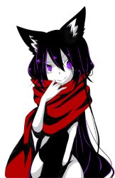 Rule 34 | 1girl, animal ears, assassin cross (ragnarok online), black thighhighs, cat ears, cat girl, closed mouth, colored skin, commentary request, feet out of frame, high contrast, long hair, looking at viewer, meiko (nattu303), purple eyes, purple hair, ragnarok online, red scarf, scarf, simple background, sitting, smile, thighhighs, white background, white skin