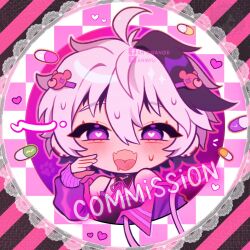 1girl :d anmyu antenna_hair bare_shoulders bear_hair_ornament black_camisole black_hair border breasts bright_pupils camisole chibi chibi_only commentary commission detached_collar double-parted_bangs drooling ear_piercing english_commentary eyebrows_hidden_by_hair facebook_logo facebook_username fangs flower_(vocaloid) flower_(vocaloid4) gradient_background hair_between_eyes hair_ornament hand_up heart highres jacket jacket_partially_removed lace lace_border long_sleeves looking_at_viewer mouth_drool multicolored_hair neck_ribbon open_mouth ornate_border outline piercing pill pink_background pink_outline pink_ribbon puffy_long_sleeves puffy_sleeves purple_background purple_eyes purple_jacket ribbon round_border short_hair simple_background skin_fangs small_breasts smile solo streaked_hair sweat tongue twitter_username twitter_x_logo two-tone_hair upper_body vocaloid white_hair white_pupils