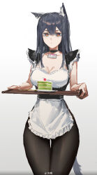 1girl absurdres alternate_costume animal_ear_fluff animal_ears arknights black_choker black_hair black_pantyhose breasts cake cake_slice cherry chinese_commentary choker cleavage closed_mouth commentary cowboy_shot enmaided food frills fruit gradient_background grey_background hair_between_eyes highres holding holding_tray lingear looking_at_viewer maid medium_breasts medium_hair orange_eyes pantyhose sketch solo standing staring texas_(arknights) tray watermark white_background wolf_ears wolf_girl
