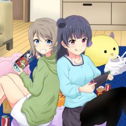 2girls back-to-back commentary food french_fries furrowed_brow hair_bun kousaka_kure licking_lips love_live! love_live!_sunshine!! meta_knight multiple_girls nintendo nintendo_switch playing_games single_hair_bun smile super_smash_bros. tongue tongue_out tsushima_yoshiko watanabe_you yoshi
