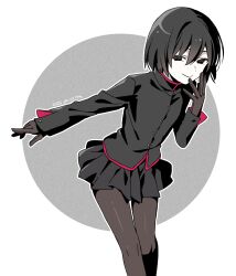 1boy absurdres black_eyes black_gloves black_hair black_jacket black_pantyhose black_skirt collared_jacket cowboy_shot crossdressing empty_eyes gakuran gloves highres jacket looking_at_viewer male_focus manimani_(mani_ma) monogatari_(series) oshino_ougi outstretched_arm pantyhose pleated_skirt school_uniform short_hair simple_background skirt smile solo trap white_background