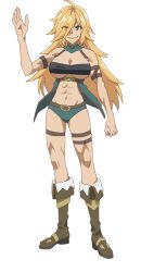 1girl abe_tomoyuki abs ahoge anime_coloring arm_up bandeau bare_shoulders belt black_bandeau blonde_hair boots breasts brown_belt closed_mouth fingernails full_body hair_between_eyes hair_over_one_eye long_bangs long_fingernails long_hair long_hair_between_eyes looking_at_viewer muscular muscular_female official_art open_hand s-rank_monster_no_&quot;behemoth&quot;_dakedo_neko_to_machigawarete_elf_musume_no_pet_toshite_kurashitemasu simple_background smile solo standing stella_(beheneko) thighs transparent_background very_long_hair waving