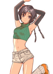 1girl armpits arms_behind_head black_hair black_sleeves breasts cowboy_shot crop_top detached_sleeves facing_viewer final_fantasy final_fantasy_vii green_shirt grey_eyes grey_shorts hair_between_eyes headband highres ito_noizi loose_socks medium_breasts midriff navel orange_shoes shirt shoes short_hair short_shorts shorts sleeveless sleeveless_turtleneck sneakers socks solo turtleneck upper_body white_background yuffie_kisaragi