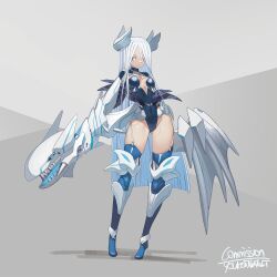 1girl android blue-eyes_white_dragon blue_eyes blue_leotard blue_thighhighs breasts closed_mouth commentary_request commission covered_navel garter_straps grey_background groin highres leotard long_hair medium_breasts natori_youkai parted_bangs signature solo thighhighs very_long_hair white_hair yu-gi-oh!