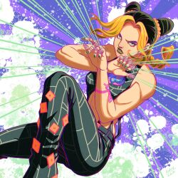 Rule 34 | 1girl, arm tattoo, black hair, blonde hair, braid, braided ponytail, breasts, bun with braided base, commentary, cone hair bun, double bun, green eyes, green lips, green nails, hair bun, highres, jojo no kimyou na bouken, kuujou jolyne, midriff, multicolored hair, rokakakaka, serious, small breasts, solo, splatter background, stone ocean, string, tattoo, two-tone hair