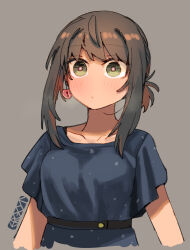 Rule 34 | 1girl, artist logo, artist name, black dress, black hair, blush, breasts, closed mouth, collarbone, dress, earrings, ergot, fubuki (kancolle), fubuki (spring) (kancolle), green eyes, grey background, heart-shaped lock, heart lock (kantai collection), jewelry, kantai collection, logo, looking at viewer, official alternate costume, ponytail, short hair, short ponytail, short sleeves, simple background, small breasts, solo, upper body