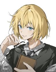 1boy armin_arlert blonde_hair blue_eyes book closed_mouth glasses holding holding_book holding_removed_eyewear looking_at_viewer male_focus myanya shingeki_no_kyojin short_hair simple_background smile solo unworn_eyewear upper_body white_background