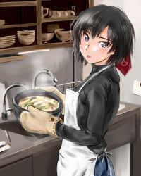 1girl amagami apron black_hair blush bob_cut brown_eyes cooking female_focus kitchen murasaki_iro nabe nanasaki_ai oven_mitts short_hair slice_of_life solo tongue tongue_out