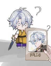 Rule 34 | 1boy, ?, antenna hair, belt, black belt, black choker, black jacket, blue eyes, blush stickers, chibi, choker, closed mouth, collared jacket, confused, crossed bangs, finger to cheek, fingernails, frown, grey hair, hair between eyes, high collar, highres, holding, holding paper, holding sword, holding weapon, honkai: star rail, honkai (series), jacket, male focus, meng qiao, o o, pants, paper, phainon (honkai: star rail), pov, purple pants, road, shirt, shoes, short hair, short sleeves, shoulder pads, solo focus, sparkle, street, sword, tunic, wanted poster, weapon, white background, white shirt, white shoes, yellow tunic