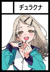 1girl :d blonde_hair blue_jacket blush circle_cut circle_name collarbone colored_eyelashes comiket_106 commentary_request dorontabi earrings finger_heart gakuen_idolmaster idolmaster jacket jewelry long_eyelashes long_hair long_sleeves looking_at_viewer open_mouth partially_unzipped shinosawa_hiro simple_background smile solo straight-on stud_earrings tareme track_jacket upper_body white_background yellow_eyes zipper zipper_pull_tab