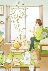 Rule 34 | 1girl, analog clock, apartment, apple, banana, baumkuchen, bed, book, branch, brown hair, clock, closed mouth, coffee mug, collared shirt, commentary request, cup, curtains, eating, food, fruit, fruit bowl, glass, glass door, glass jar, green pants, green shirt, green theme, happy, highres, holding, holding plate, indoors, kettle, light blush, long sleeves, matsumine (twin-mix), mug, on bench, open book, original, pants, pear, picture frame, pillow, plate, rug, shirt, short hair, slice of life, sliding doors, slippers, solo, table, tablecloth, wide shot, window, wooden floor
