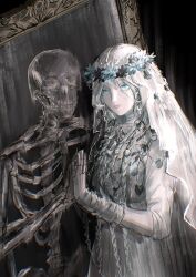 1girl black_background blue_eyes braid choker closed_mouth colored_eyelashes colored_skin cracked_skin doll_joints dress earrings elden_ring elden_ring_nightreign flower hair_flower hair_ornament hand_on_mirror head_wreath highres hoop_earrings jewelry joints low_twin_braids mirror necklace rashuu reflection revenant_(elden_ring) signature skeleton twin_braids upper_body veil white_dress white_eyelashes white_skin white_veil wrist_wrap