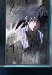 1boy aaawwwssslll against_glass alternate_universe black_eyes black_hair blood blood_on_clothes blood_on_face blood_on_hands bloody_tears chinese_commentary collared_shirt crying crying_with_eyes_open dao_gui_yi_xian from_outside glass hair_between_eyes highres jacket li_huowang looking_at_viewer male_focus official_alternate_costume official_alternate_hair_length official_alternate_hairstyle parted_lips rain shirt short_hair solo striped_clothes striped_shirt tears upper_body vertical-striped_clothes vertical-striped_shirt water_drop window
