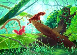 Rule 34 | animal, animal focus, cat, claws, commentary, forest, grass, green eyes, highres, kitty (fernwhisker), leaf, log, nature, no humans, orange cat, outdoors, sitting, slice of life, squirrelstar, tail, tawnypelt, tortoiseshell cat, warrior cats