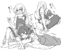 2girls apron ascot blush bow braid choko_(cup) commentary_request cup detached_sleeves drunk frilled_bow frilled_hair_tubes frills greyscale hair_bow hair_tubes hakurei_reimu highres kirisame_marisa long_hair mero_(starfish_jcs) monochrome multiple_girls no_headwear open_mouth ribbon-trimmed_sleeves ribbon_trim short_sleeves side_braid single_braid sitting tokkuri touhou translation_request vest waist_apron