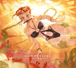 1girl air_bubble bikini blonde_hair bracelet braid breasts bubble cammy_white commission crab facial_scar fish goggles goggles_on_head highres jewelry leg_tattoo long_hair o-ring o-ring_bikini rebreather scar scar_on_cheek scar_on_face seaweed solo street_fighter submerged sumustard sunlight swimming swimsuit tattoo thick_thighs thigh_gap thighs twin_braids underwater very_long_hair wide_hips