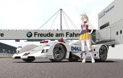 1girl absurdres ahoge amoemo animal_ears blouse blue_eyes blue_shirt blurry blurry_background bmw boots bow car closed_mouth collared_shirt commentary day depth_of_field german_text grey_hair hair_ornament halterneck hand_on_own_hip highres horse_ears horse_girl horse_tail lace-up_boots light_frown logo medium_hair miniskirt motor_vehicle necktie oguri_cap_(umamusume) outdoors pleated_skirt ponytail race_vehicle racecar red_bow red_necktie shirt shirt_bow skirt solo tail thighhighs umamusume umamusume:_cinderella_gray vehicle_focus white_boots white_thighhighs yellow_skirt