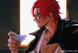 1boy adam&#039;s_apple backlighting beard black_cape cape connected_beard cup facial_hair highres looking_ahead male_focus one_piece parted_lips pectoral_cleavage pectorals red_hair sakazuki scar scar_across_eye scar_on_face shanks_(one_piece) shirt short_hair solo upper_body vamos_mk white_shirt window