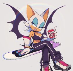 1girl animal_ears animal_nose bare_shoulders bat_ears bat_girl bat_tail bat_wings black_shoes blue_eyeshadow bra bracelet breasts can commentary crossed_legs drink_can english_commentary eyelashes eyeshadow fang fangs furry furry_female gloves gold_bracelet green_eyes half-closed_eyes hand_up holding holding_can hoverboard jewelry large_breasts looking_to_the_side makeup motobug multicolored_shoes open_mouth pants pink_shoes purple_bra purple_pants rouge_the_bat rouge_the_bat_(riders) shoes simple_background sitting smile sneakers soda_can solo sonic_(series) sonic_riders sonic_riders_(series) sports_bra sweat tail teeth tongue underwear white_background white_fur white_gloves white_shoes wings