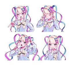 1girl :3 absurdres blonde_hair blue_eyes blue_hair chouzetsusaikawa_tenshi-chan closed_eyes commentary double_v english_commentary highres long_hair looking_at_viewer m_psycho_83 multiple_expressions multiple_views needy_girl_overdose open_mouth pink_hair quad_tails school_uniform serafuku smile upper_body v