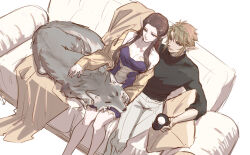 Rule 34 | 1boy, 1girl, bare shoulders, black shirt, blanket, blonde hair, blue eyes, breasts, brown cardigan, brown hair, cardigan, cardigan partially removed, cleavage, closed mouth, couch, couple, cup, dress, feet out of frame, from above, green eyes, grey pants, hair between eyes, hetero, highres, holding, holding cup, kurokawa karasu, link, long hair, medium breasts, nintendo, pants, parted bangs, parted lips, pointy ears, princess zelda, purple dress, shirt, short hair, sidelocks, sitting, sketch, sleeveless, sleeveless dress, smile, the legend of zelda, the legend of zelda: twilight princess, turtleneck, wolf, wolf link