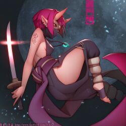 1girl breasts earrings facebook_username holding holding_sword holding_weapon horns jewelry mask moon mouth_mask night ninja oni original pink_hair pointy_ears short_hair shoulder_tattoo sideboob signature solo sword tattoo thighs watermark weapon web_address zhaoyebai
