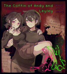 1boy 1girl \||/ absurdres ahoge andrew_graves ankle_socks arm_around_shoulder ashley_graves black_border black_choker black_nails black_shirt black_socks blood blush border breasts bright_pupils brother_and_sister brown_pants brown_shoes brown_shorts carrying choker chromatic_aberration closed_mouth commentary cowboy_shot double-parted_bangs english_text film_grain fingernails frown full_body green_eyes hair_between_eyes hand_on_own_chin happy_anniversary highres knees_together_feet_apart large_breasts long_sleeves looking_at_another looking_at_viewer low_ponytail nail_polish pants pink_eyes pixiv_username ponytail princess_carry shirt shoes short_hair short_ponytail short_shorts shorts siblings sleeves_past_wrists smile socks st_ard the_coffin_of_andy_and_leyley twitter_username white_pupils