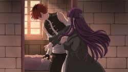 Rule 34 | 1boy, 1girl, bandaged arm, bandages, bed, black coat, black gloves, black pants, black shirt, brick wall, coat, commentary request, dress, fern (sousou no frieren), fingerless gloves, gloves, indoors, long hair, long sleeves, meme, pants, purple hair, red hair, shirt, short hair, slapping, sleeveless, sleeveless shirt, sonota taisei, sousou no frieren, stark (sousou no frieren), white dress, will smith slapping chris rock (meme), window