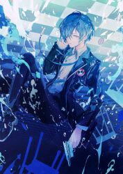 Rule 34 | 1boy, air bubble, belt, black belt, black jacket, black pants, black shoes, blue eyes, blue hair, blue ribbon, bubble, buttons, checkered floor, closed mouth, collared shirt, commentary, desk, digital media player, digital walkman, dress shirt, earphones, earphones removed, english commentary, evoker, expressionless, floating, foot out of frame, gekkoukan high school uniform, gun, hair over one eye, hand in own hair, hand up, highres, holding, holding gun, holding weapon, jacket, knee up, lapels, long sleeves, looking at viewer, male focus, neck ribbon, notched lapels, open clothes, open jacket, pants, parted bangs, persona, persona 3, persona 3 reload, ribbon, school desk, school uniform, shirt, shirt tucked in, shoes, short hair, solo, splashing, tamago nashi, underwater, upside-down, walkman nw-s203f, water, weapon, white shirt, wing collar, yuuki makoto (persona 3)
