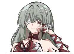 Rule 34 | 1girl, bandage over one eye, bandaged arm, bandages, bare shoulders, bright pupils, closed mouth, colored eyelashes, commentary, english commentary, grey hair, hand up, highres, long hair, nail polish, phrolova (wuthering waves), pokarii zuu, red nails, simple background, smile, solo, tacet mark (wuthering waves), white background, white eyelashes, white eyes, white pupils, wuthering waves