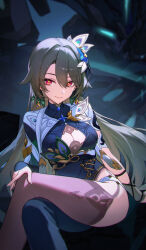 Rule 34 | 1girl, absurdres, asymmetrical clothes, black jacket, black pants, breasts, cleavage, cleavage cutout, closed mouth, clothing cutout, earrings, feet out of frame, green hair, grey thighhighs, hair between eyes, hair ornament, highres, honkai (series), honkai impact 3rd, invisible chair, jacket, jewelry, large breasts, looking at viewer, missing commentary, pants, red eyes, shali, single pantsleg, single thighhigh, sitting, smile, solo, thighhighs, vita (honkai impact), yellow pupils