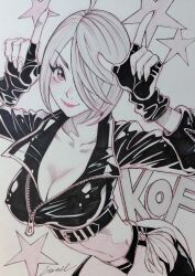 1girl angel_(kof) ass bent_over breasts cleavage curvy female_focus fingerless_gloves gloves godtail godtail_t jacket large_breasts leather leather_gloves leather_jacket pale_skin panties sarutypexyz shiny_clothes short_hair smile the_king_of_fighters thighs underwear white_hair
