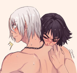 1boy 1girl biting biting_shoulder black_hair blue_eyes blush closed_eyes dante_(devil_may_cry) devil_may_cry_(series) jumpoon lady_(devil_may_cry) scar scar_on_face scar_on_nose signature simple_background sweat white_hair