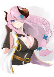 1girl absurdres belt black_gloves black_shirt blue_eyes blush braid breasts cleavage coat demon_horns draph gloves granblue_fantasy hair_ornament hair_over_one_eye hand_in_own_hair hand_up highres horns large_breasts light_purple_hair long_hair looking_at_viewer low-cut low_tied_hair narmaya_(granblue_fantasy) pointy_ears ruwo_benzen shirt single_braid sleeveless sleeveless_coat sleeveless_shirt solo upper_body very_long_hair white_coat