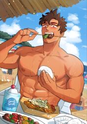 1boy abs bare_pectorals bars beach blush brown_hair collarbone eating food highres holding holding_food ice_cream light_particles looking_at_food male_focus muscular muscular_male nipples onigiri original pasta pectorals sharktower32 sharp_teeth shish_kebab short_hair sweat teeth topless_male
