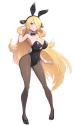 absurdres black_leotard black_pantyhose blonde_hair blush bow bowtie breasts cleavage cynthia_(pokemon) full_body gonzarez grey_eyes hair_over_one_eye highres large_breasts leotard long_hair nintendo pantyhose playboy_bunny pokemon pokemon_dppt rabbit_ears rabbit_tail smile solo wrist_cuffs