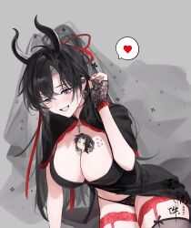 1boy 1girl adjusting_hair alternate_costume artist_request between_breasts black_dress black_hair black_nails black_panties black_shrug black_veil blush breasts cleavage commission cross demon_girl demon_horns dress earrings eyelashes fingerless_gloves fingernails flying_sweatdrops frilled_gloves frilled_shrug frills garter_straps gem genderswap genderswap_(mtf) giant giantess gloves grey_background grin hair_ribbon hand_up headband heart hetero highres horns jewelry lace lace-trimmed_garter_belt lace-trimmed_gloves lace-trimmed_panties lace_trim lan_wangji large_breasts long_hair looking_at_another looking_down mini_person miniboy modao_zushi nail_polish panties person_between_breasts ponytail purple_eyes red_gemstone red_nails red_ribbon revealing_clothes ribbon second-party_source sharp_fingernails shrug_(clothing) sitting smile solo_focus spoken_heart thighhighs thighs underwear veil watermark wei_wuxian white_headband yellow_eyes