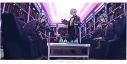 3boys absurdres aqua_hair azul_ashengrotto black_hair black_hat black_shoes blush board_game book bookshelf border bow bowtie chess chess_piece chessboard closed_eyes coat commentary_request earrings floyd_leech full_body glasses gloves hair_between_eyes hat highres holding holding_book holding_chess_piece indoors jacket jade_leech jewelry library looking_at_object male_focus mole mole_under_mouth multicolored_hair multiple_boys nana_tetra necktie on_chair open_book open_clothes open_jacket open_mouth pants playing_chess purple_bow purple_bowtie purple_coat purple_eyes purple_jacket purple_pants purple_scarf purple_shirt scarf shirt shoes short_hair single_earring sitting standing streaked_hair table twisted_wonderland twitter_username two-tone_hair unworn_headwear white_border white_gloves white_hair white_necktie white_shirt yellow_eyes