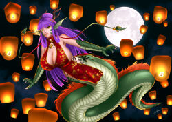 1girl abremson absurdres antlers breasts bursting_breasts chinese_clothes chinese_lantern chinese_zodiac claws cleavage cleavage_cutout clothing_cutout cloud dragon dragon_girl dragon_horns eastern_dragon fins flying full_moon head_fins highres horns huge_breasts jewelry looking_at_viewer magatama monster_girl monster_girl_encyclopedia monster_girl_encyclopedia_ii moon night no_bra purple_hair revealing_clothes ryu_(monster_girl_encyclopedia) sideboob slit_pupils variant_set year_of_the_dragon yellow_eyes