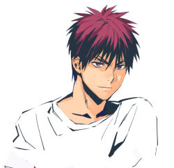 1boy closed_mouth collarbone crew_neck cropped_shoulders forked_eyebrows kagami_taiga kuroko_no_basuke light_smile looking_ahead male_focus red_eyes red_hair shirt short_hair simple_background solo torisu white_background white_shirt