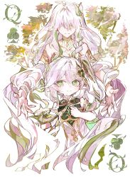 2girls absurdres braid bright_pupils closed_mouth cocoballking commentary dress faceless faceless_female genshin_impact green_eyes green_hair grey_hair highres long_hair looking_at_viewer multicolored_hair multiple_girls nahida_(genshin_impact) pointy_ears reaching reaching_towards_viewer rukkhadevata_(genshin_impact) simple_background smile very_long_hair white_background white_dress white_pupils