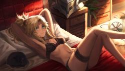 1girl armpits arms_behind_head arms_up bare_shoulders black_bra black_thighhighs blonde_hair bra braid breasts cat collarbone crossed_legs fate/apocrypha fate_(series) green_eyes hair_ornament hair_scrunchie half_up_braid long_hair looking_at_viewer lying mordred_(fate) mordred_(fate/apocrypha) navel on_back parted_bangs ponytail scrunchie sidelocks small_breasts smile thighhighs thighs tonee underwear